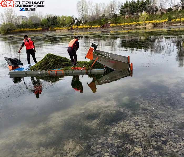 lake surface weed harvesting equipment operation