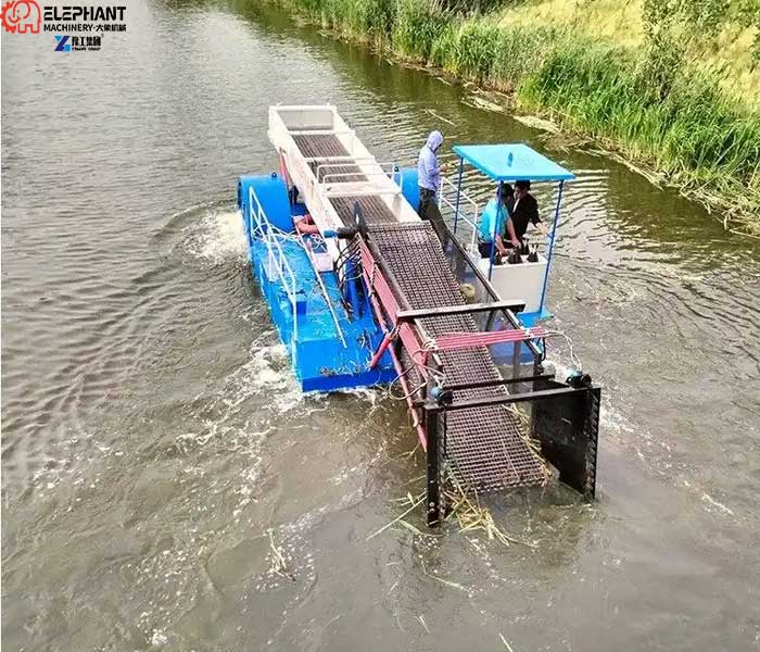 customized weed harvester boat for lake weed removal project