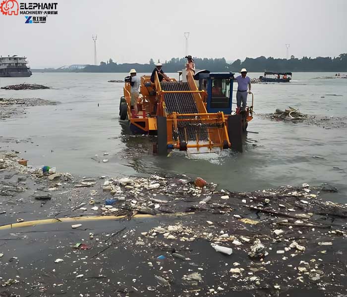 river cleaning boat collecting plastic bottles and floating debris with conveyor system