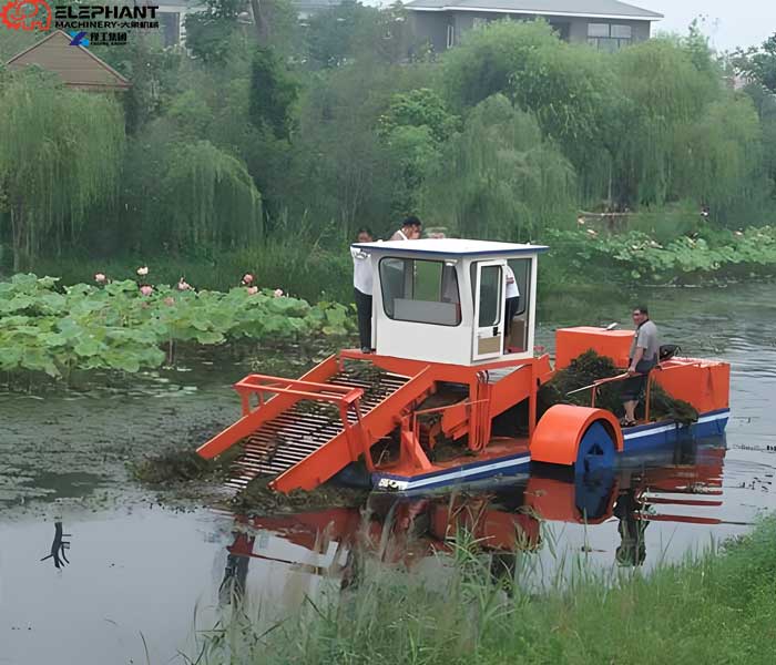 Cutting system of aquatic weed harvester removing underwater plants