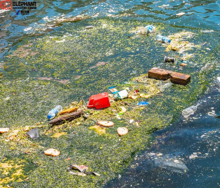 floating waste from a polluted waterway