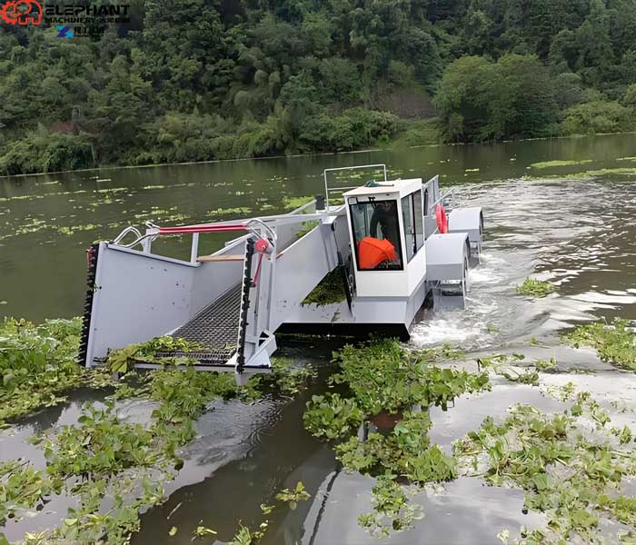 Lake weed removal machine collecting aquatic vegetation from water surface
