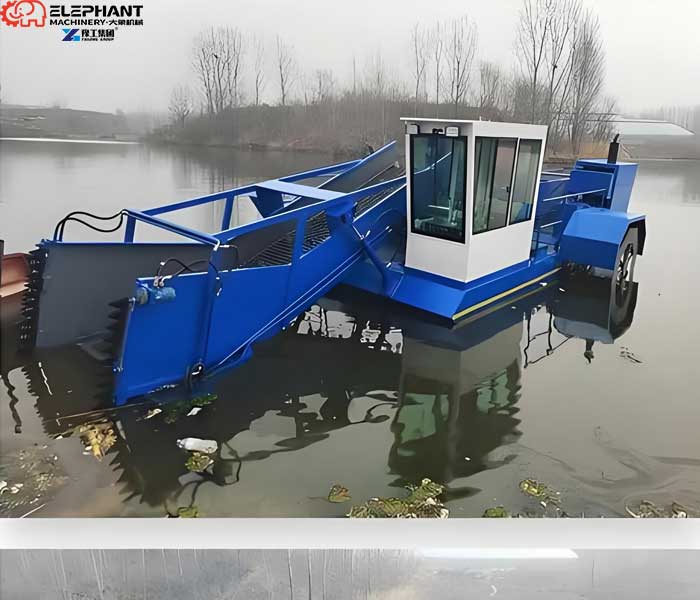 Lake weed removal machine cleaning aquatic plants in urban landscape lake