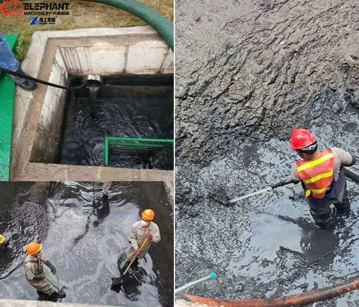 worker cleaning wastewater pond with safety risks