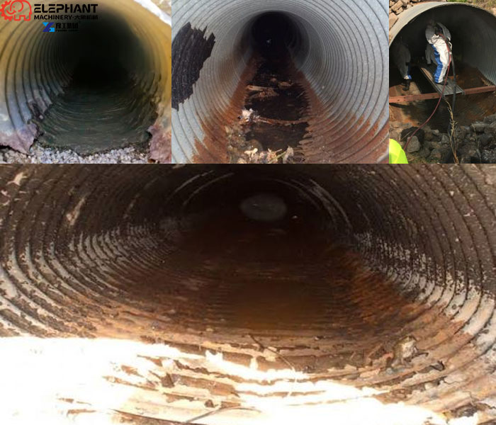 Enclosed 1-meter drainage pipe with accumulated sediment