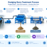 Dredging slurry treatment process using a tracked dredging robot, mud sand separator, and chamber filter press for solids separation and water recovery