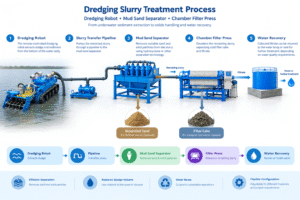 Dredging slurry treatment process using a tracked dredging robot, mud sand separator, and chamber filter press for solids separation and water recovery